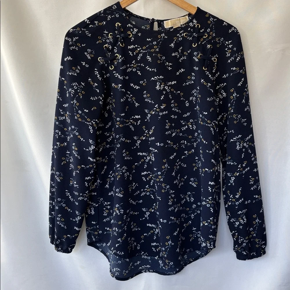 Michael Kors Women's Floral Long Sleeve Blouse Size S Navy Blue Lace-Up Detail